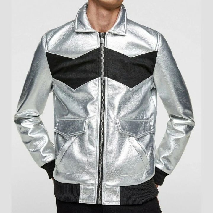 Add a futuristic edge to your urban look with this sleek silver metallic jacket, designed for bold fashion enthusiasts