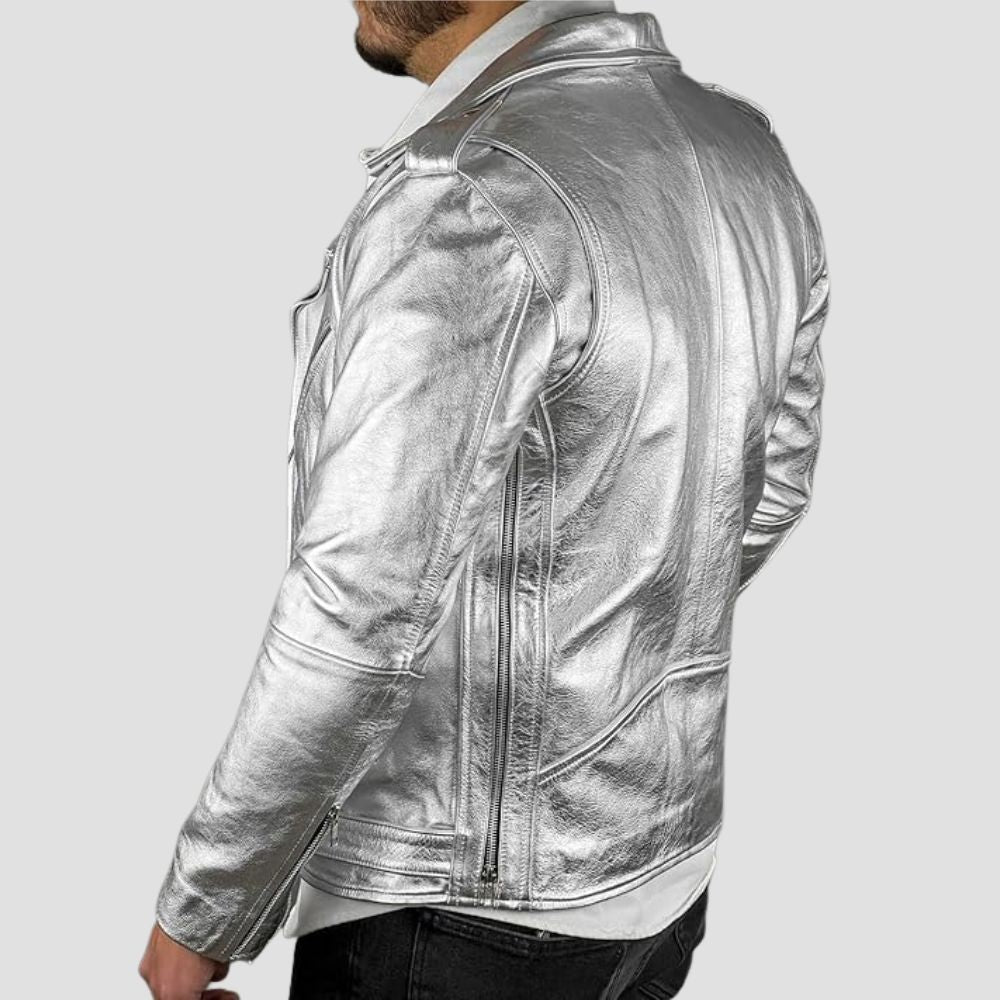 Achieve the ultimate urban look with this sleek silver metallic jacket, designed for those who dare to stand out.