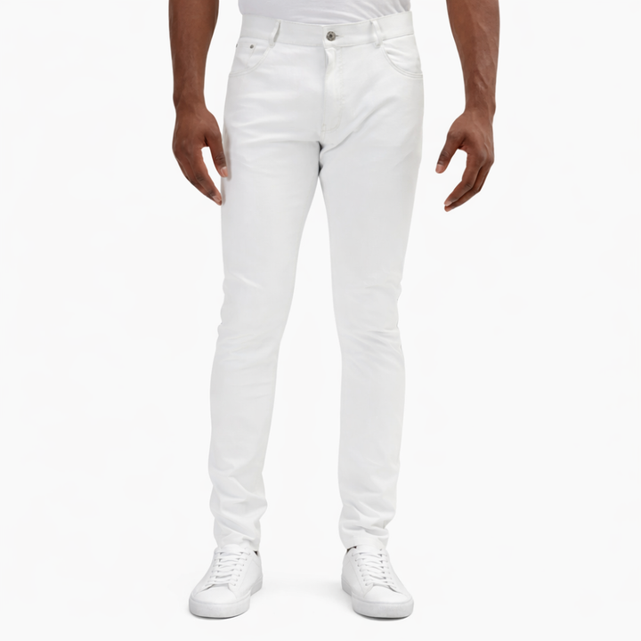 white leather pants showing slim fit