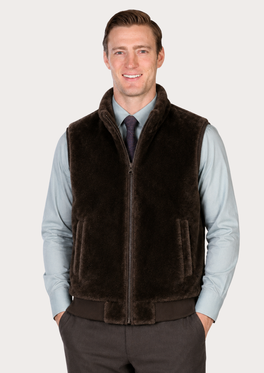 Espresso brown winter vest crafted from soft faux fur for everyday wear