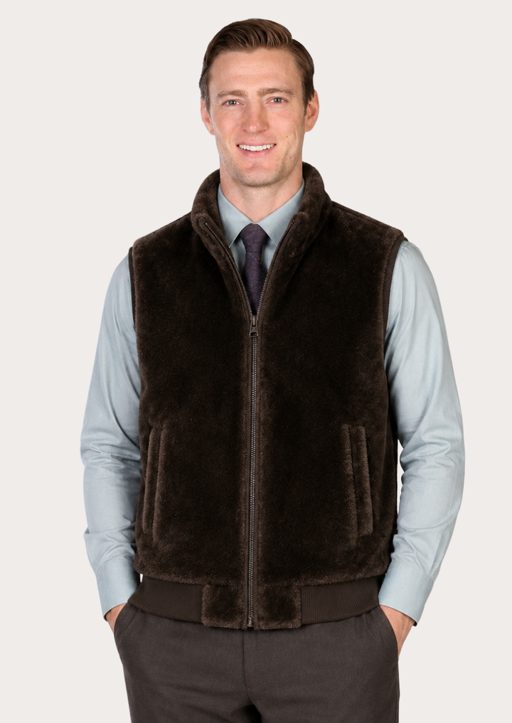 Espresso brown winter vest crafted from soft faux fur for everyday wear