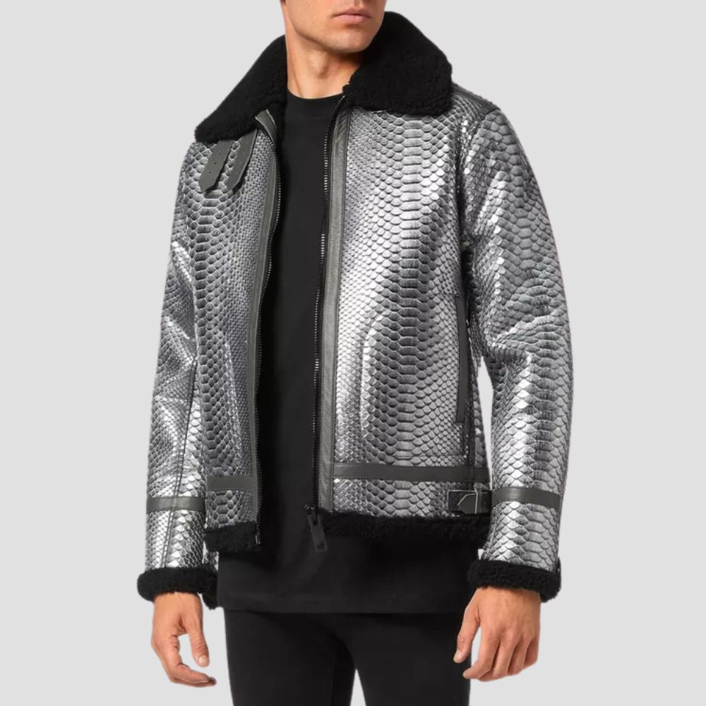 This stylish snakeskin leather jacket for men is complemented with a luxurious shearling fur lining for maximum warmth and comfort.