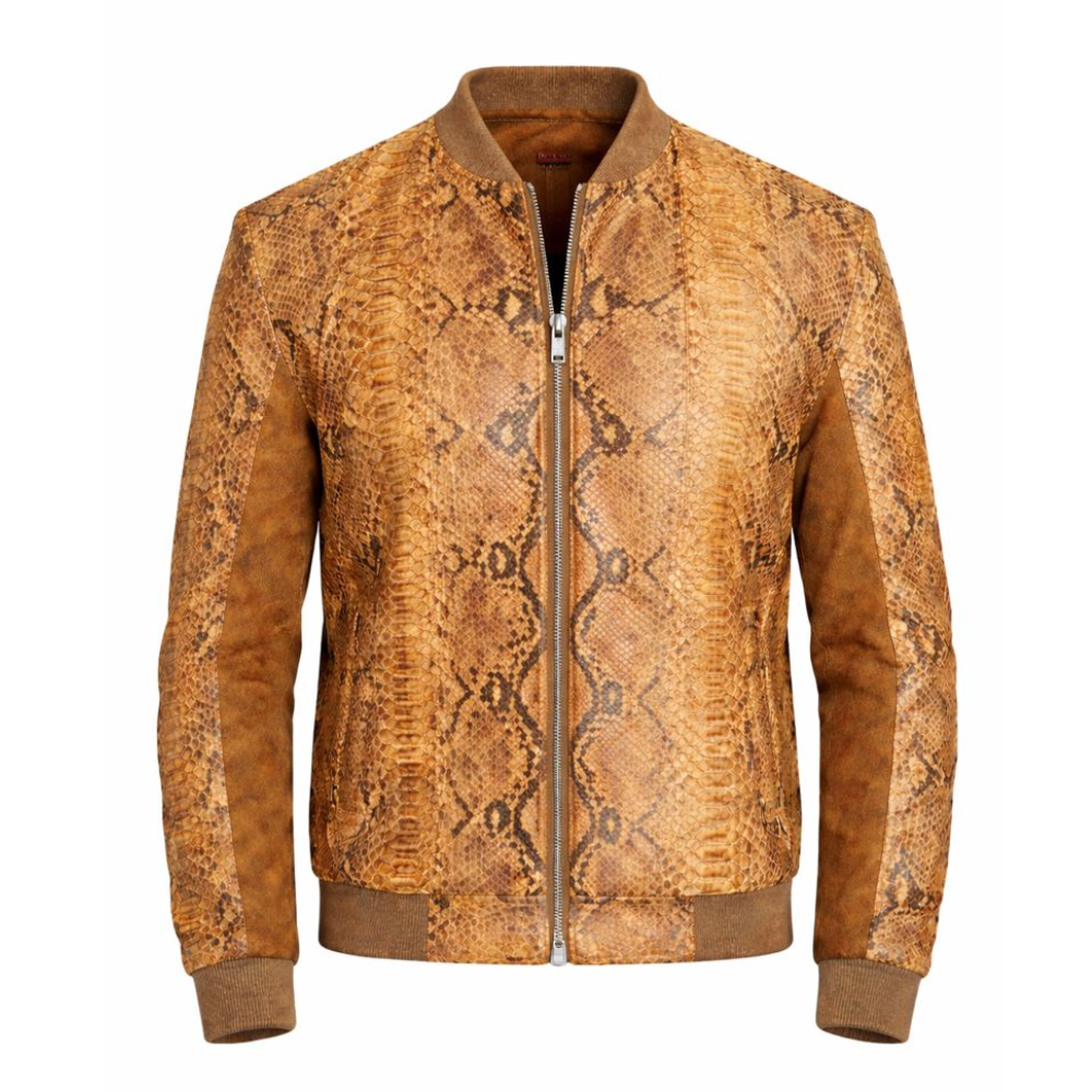 Luxury men’s snakeskin leather bomber jacket for casual wear