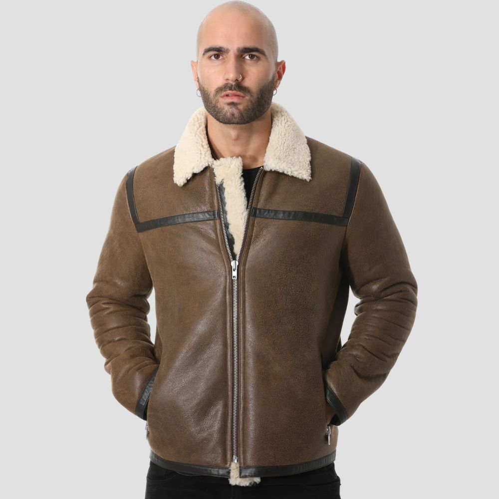 Stylish brown lambskin leather jacket with curly wool trim.