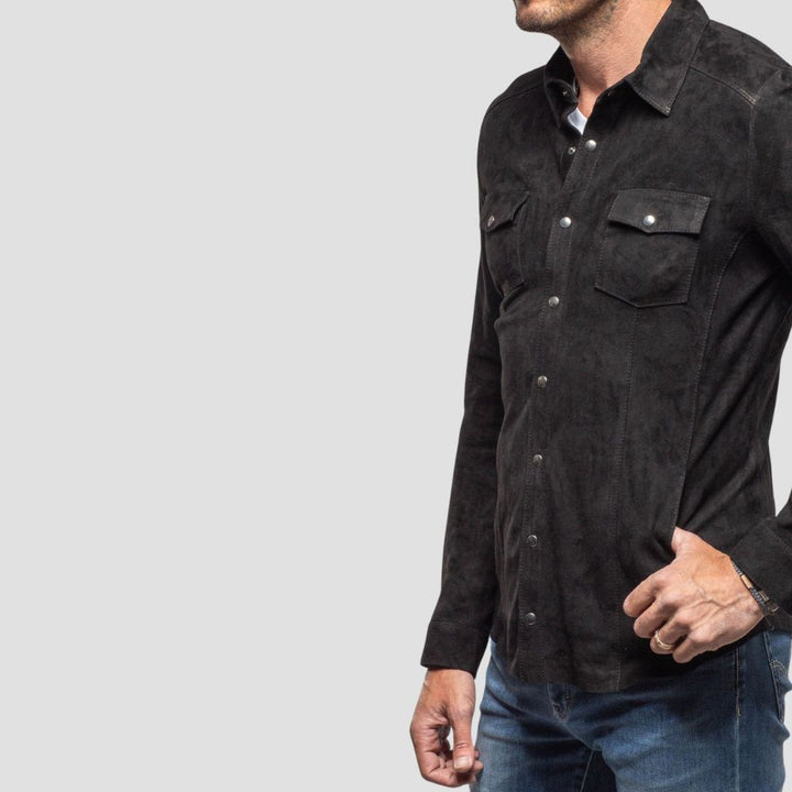 Stylish black suede leather shirt for men’s casual fashion.