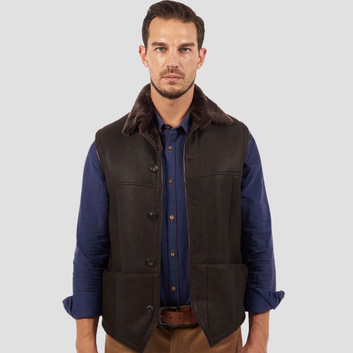Genuine lambskin leather vest with soft shearling fur lining for men.
