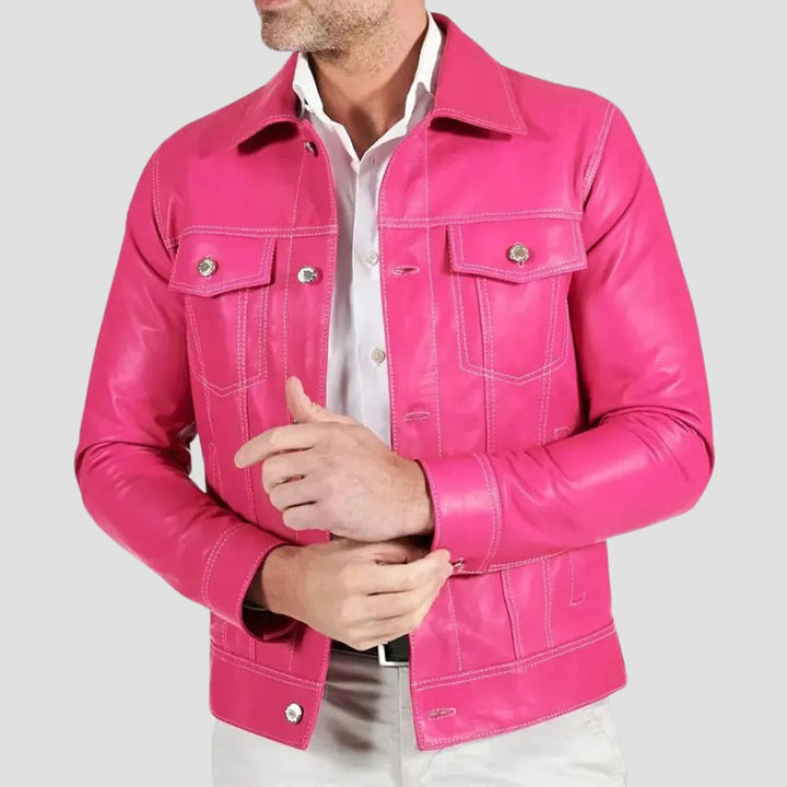 Modern pink leather shirt for men with trucker style and comfortable lining.