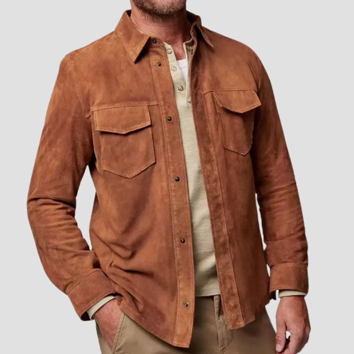 Slim-fit brown suede leather shirt for men with a tailored design.