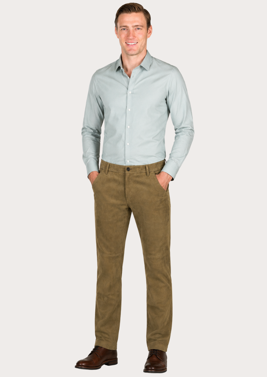 Genuine brown suede pants for men made from high-quality leather with refined craftsmanship