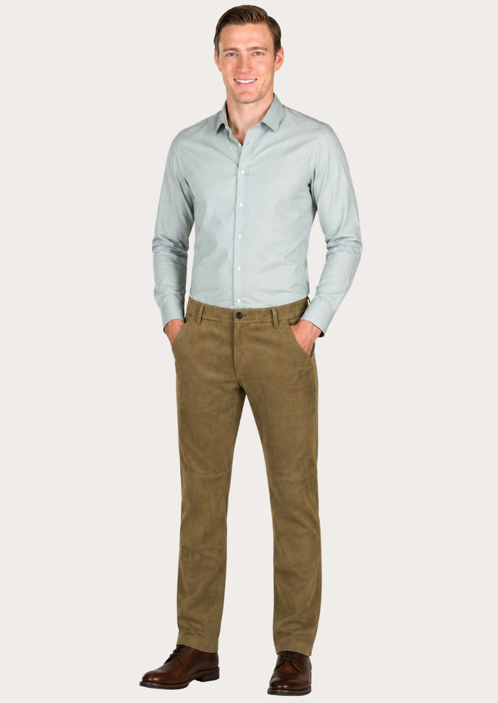Genuine brown suede pants for men made from high-quality leather with refined craftsmanship