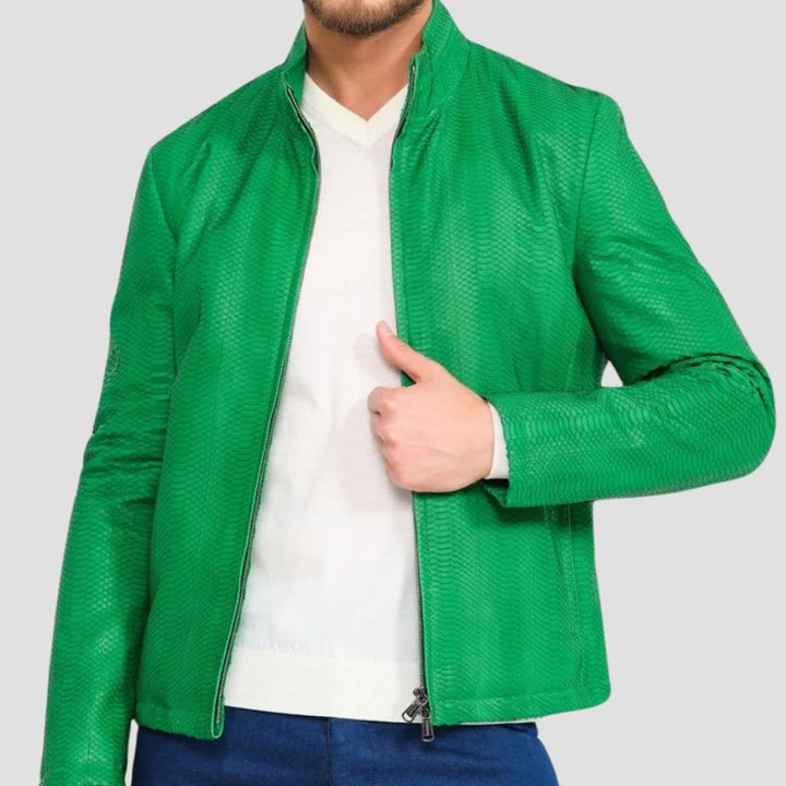 Stylish green python leather jacket with a modern, slim-fit design for men.