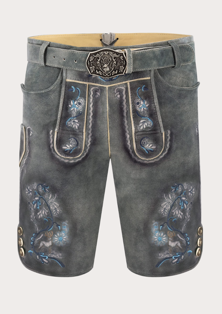 Men's Staffelsee Lederhosen with blue Bavarian embroidery and traditional Alpine styling