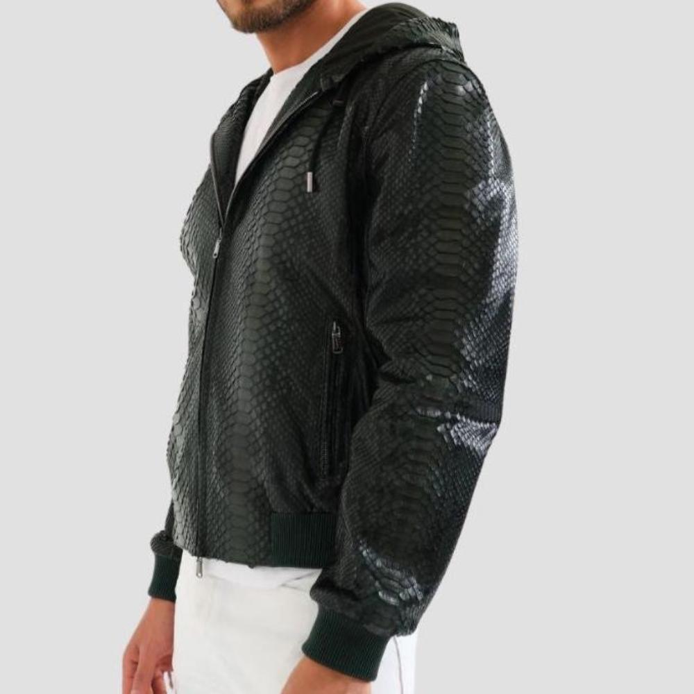 Men’s green leather bomber jacket with matching removable leather cap.