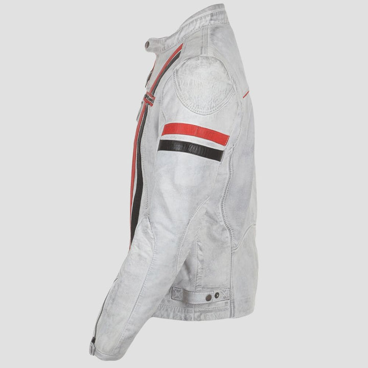 Classic white distressed biker jacket for men with band collar.