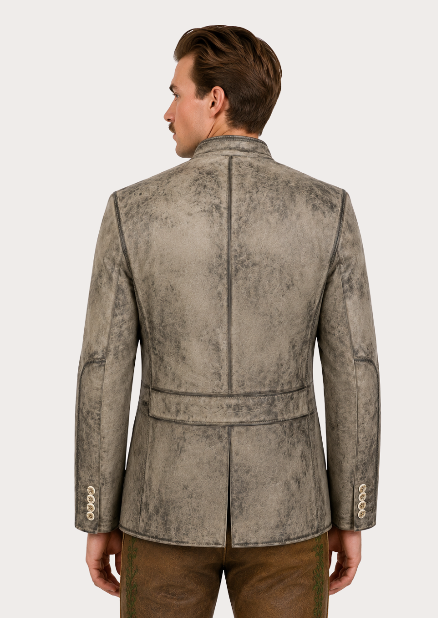 Traditional Bavarian leather Trachten jacket for men crafted from distressed leather