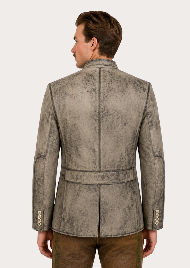 Traditional Bavarian leather Trachten jacket for men crafted from distressed leather