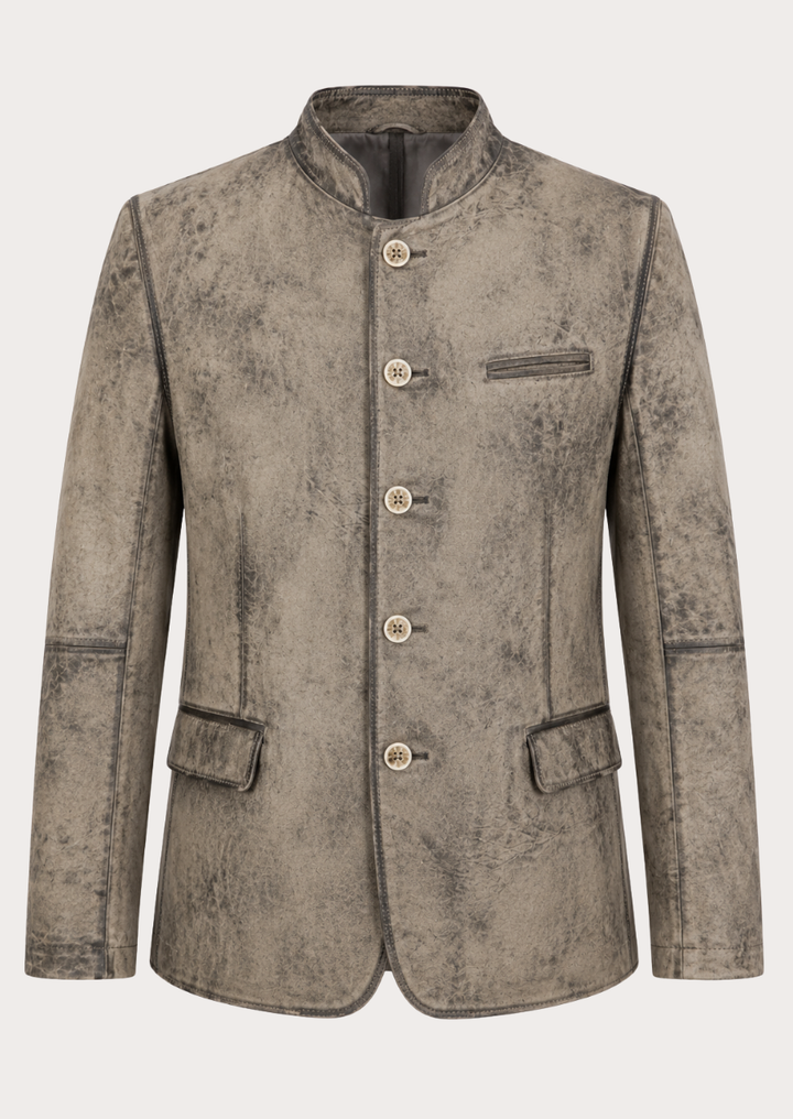 Steingrau distressed leather Trachten jacket for men with traditional Bavarian styling