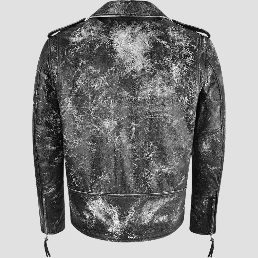 Rugged black leather motorcycle jacket with polyester lining.