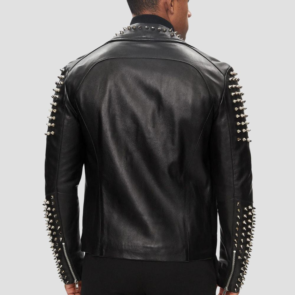 Turn heads on your motorcycle adventures with this stylish studded black leather jacket, crafted for ultimate fashion.