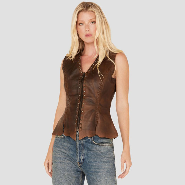 High-quality leather vest for women, designed to elevate your wardrobe with a timeless, stylish look perfect for any occasion.