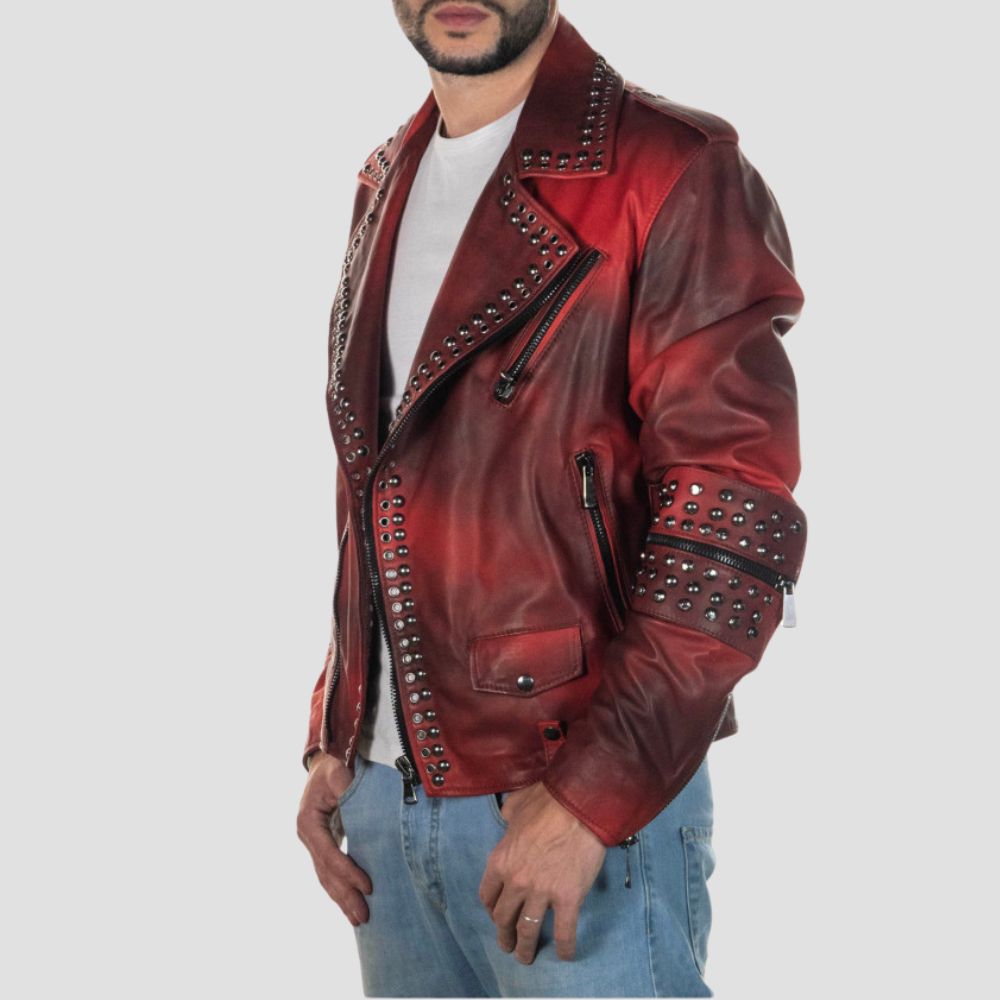 Elevate your wardrobe with this vintage leather jacket, the ultimate piece for punk rock fashion enthusiasts.