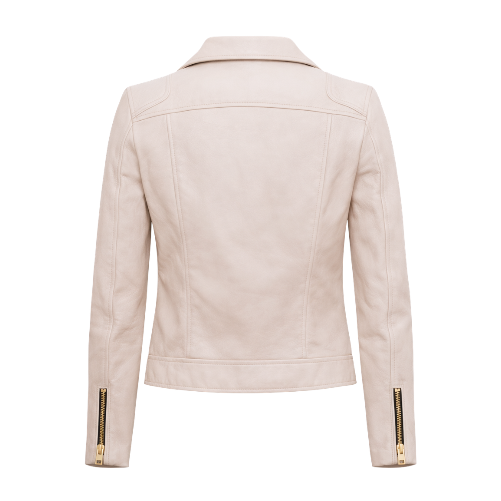 Beige leather biker jacket for women with sleek design