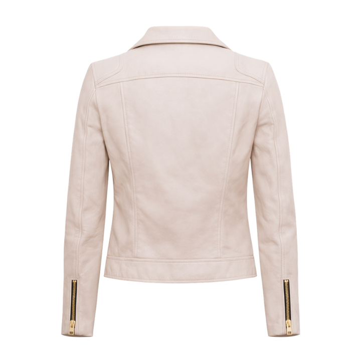 Beige leather biker jacket for women with sleek design
