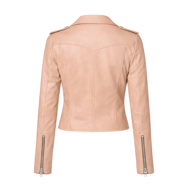 Beige leather moto jacket for modern fashion looks