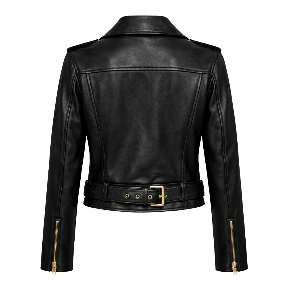 Women’s biker jacket in black cowhide leather with modern design