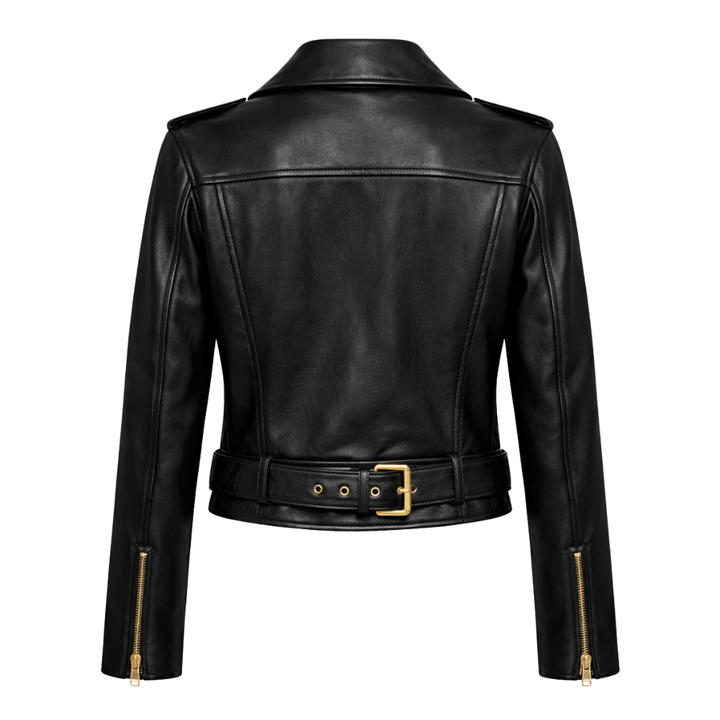 Women’s biker jacket in black cowhide leather with modern design