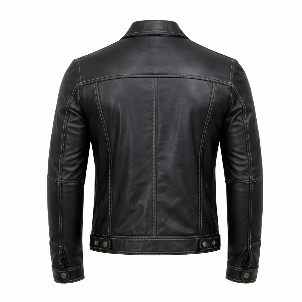 Fashionable men black leather trucker shirt classic casual look