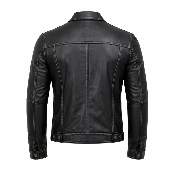 Fashionable men black leather trucker shirt classic casual look