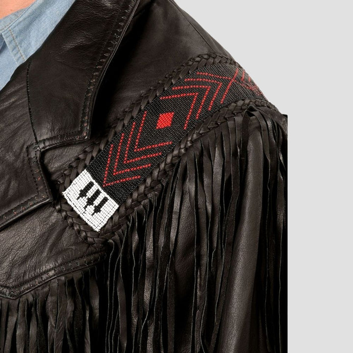 Stylish black leather jacket for men with fringe accents.