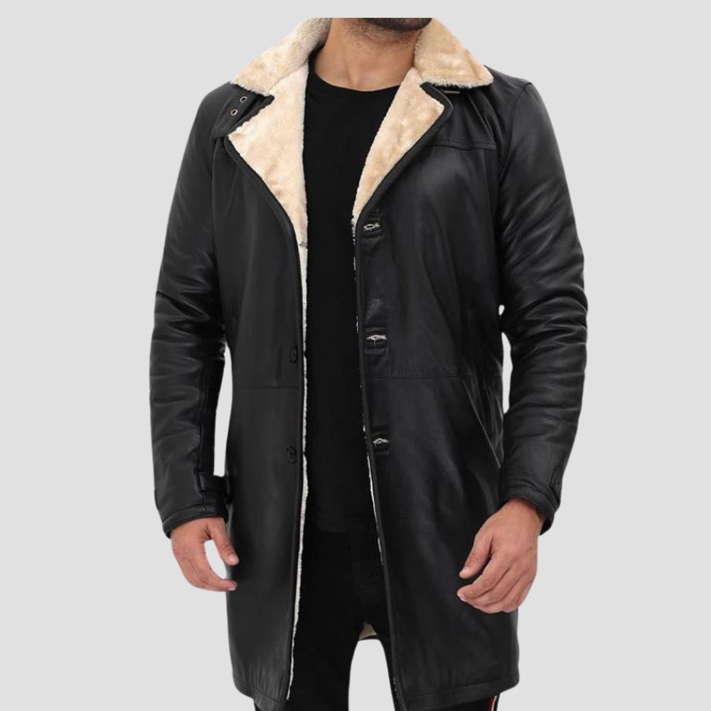 Add sophistication to your winter wardrobe with a sleek black sheepskin shearling leather coat."