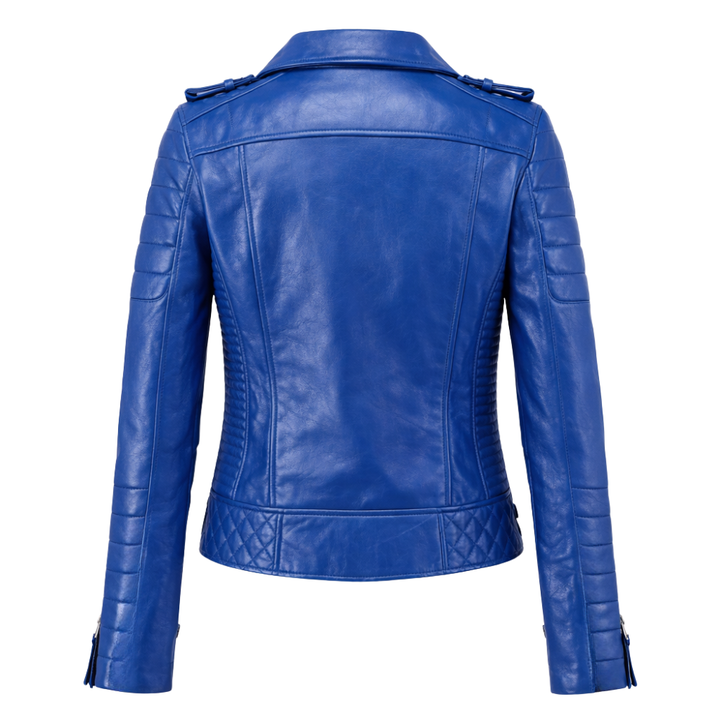 Blue leather biker jacket for women with sleek design