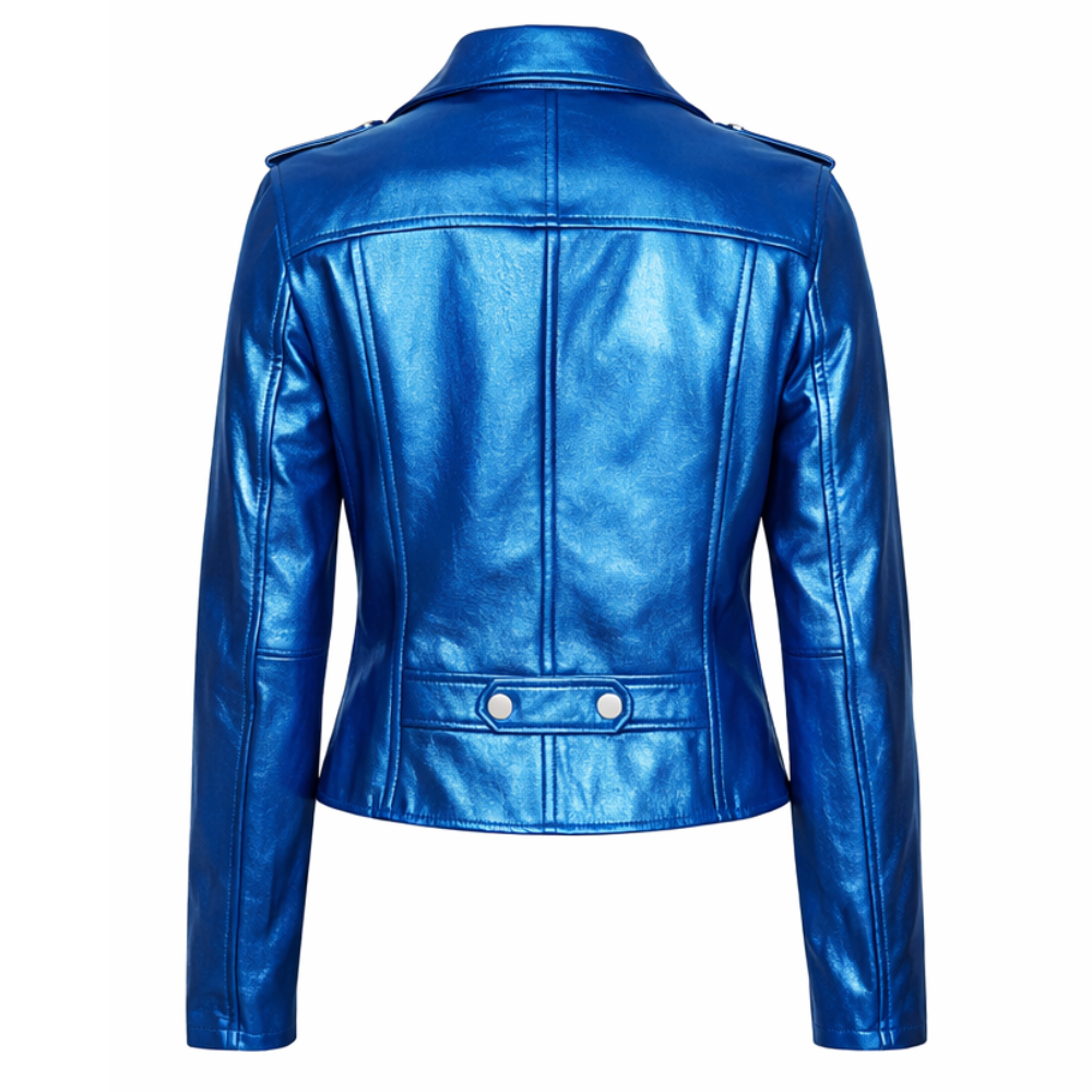 Stylish blue metallic leather jacket for women fashion outfits