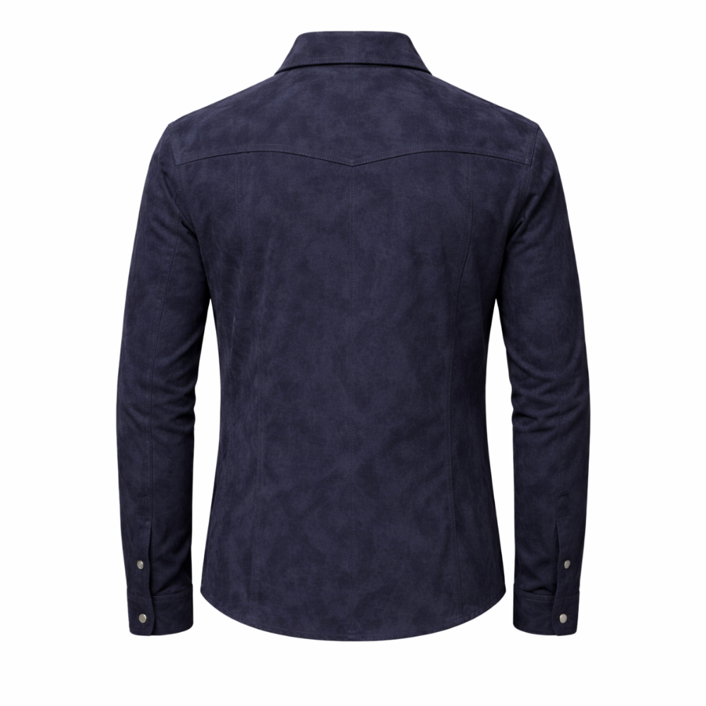 Fashionable men blue suede leather shirt versatile street style