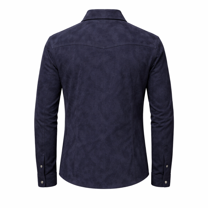Fashionable men blue suede leather shirt versatile street style