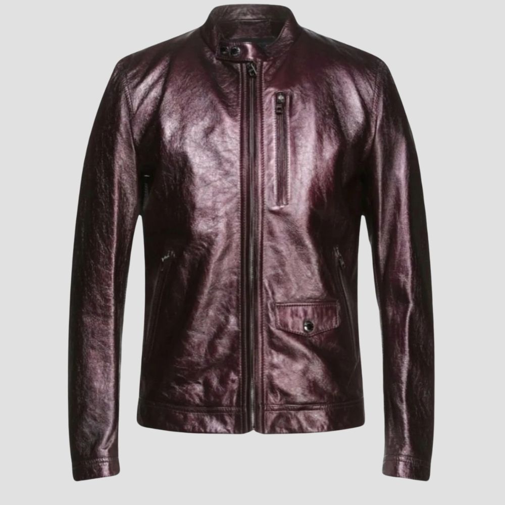 Stand out in style with this burgundy metallic leather jacket, designed for an edgy, modern look.