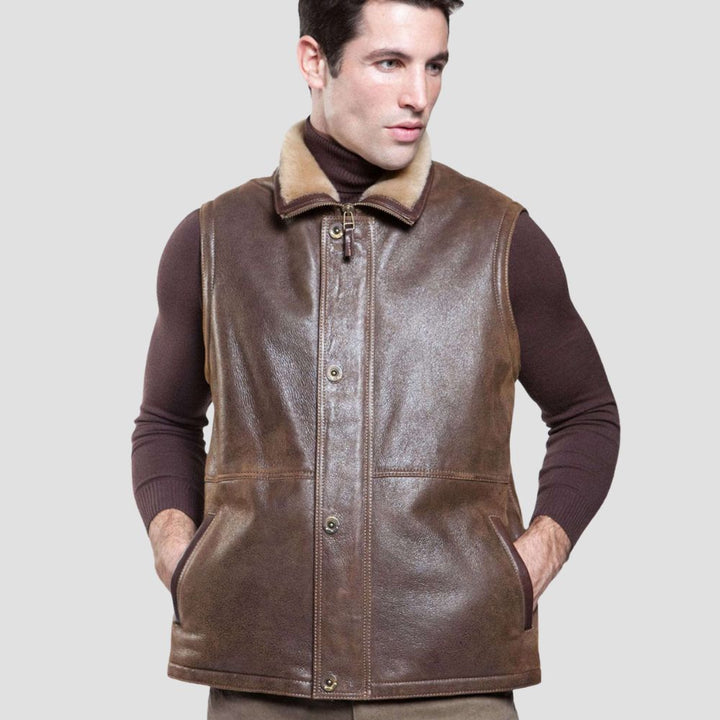 Chic brown shearling vest for street style with lambskin leather outer.