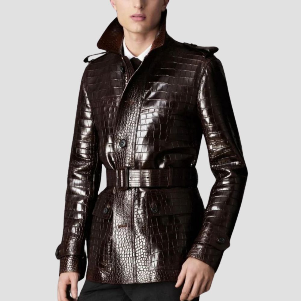 High-quality men’s brown crocodile textured leather trench coat.