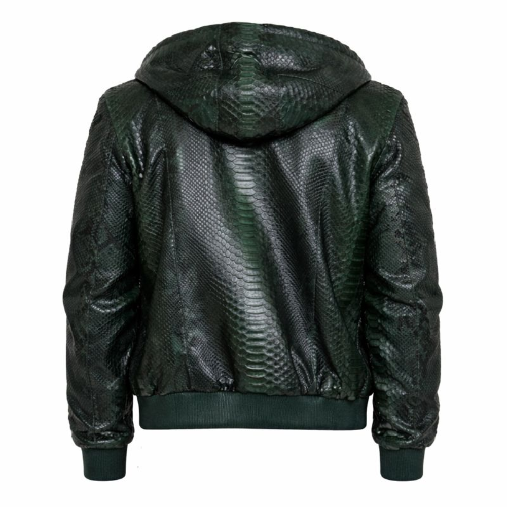 Dark green python leather jacket with cap for modern street style