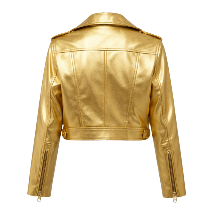 Premium gold leather biker jacket with metallic finish