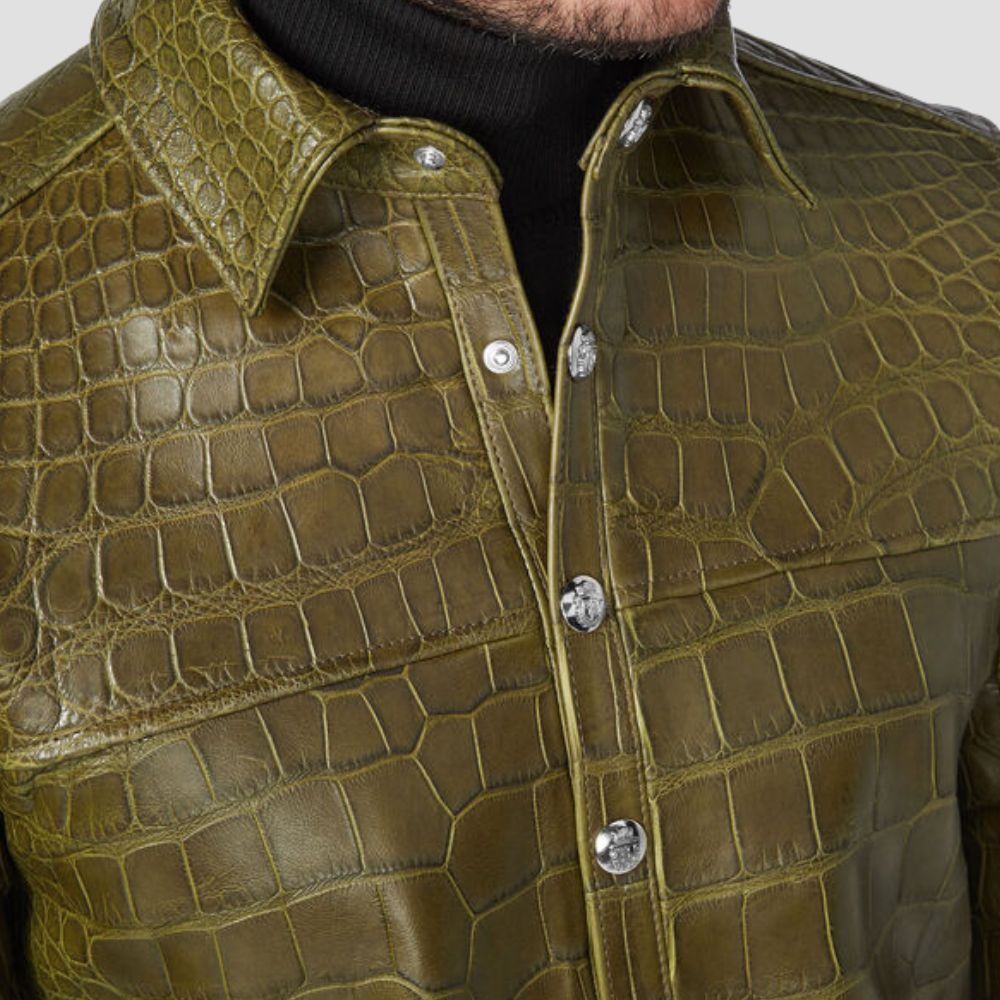 Men’s crocodile embossed leather shirt in vibrant green, perfect for casual wear.