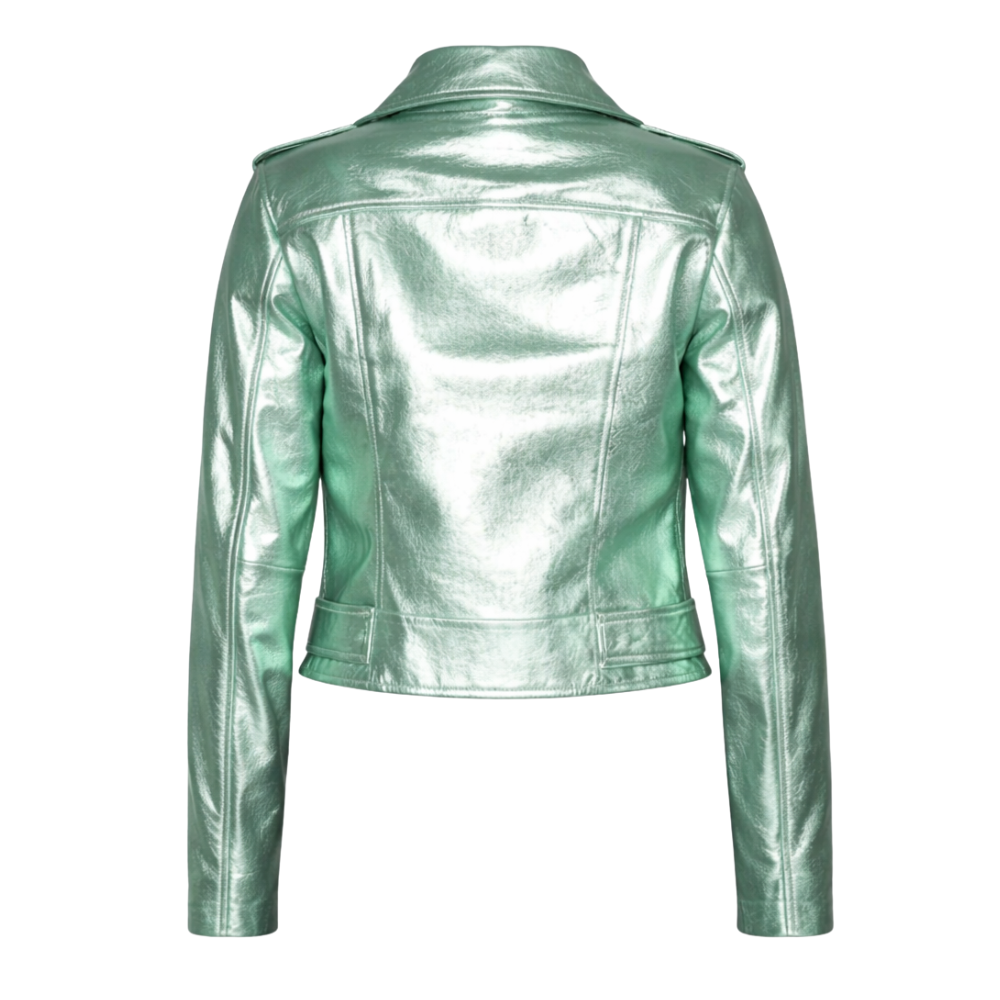 Premium green metallic biker jacket with sleek finish