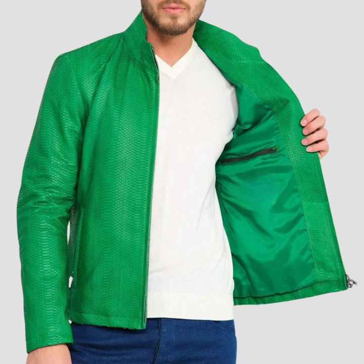 Men’s green python-embossed leather jacket, featuring a sleek and edgy style.