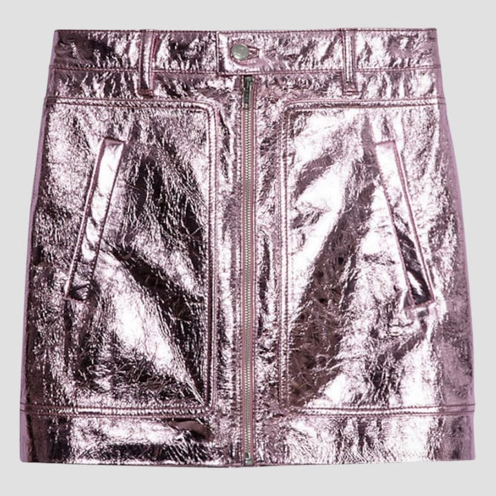 Chic and shiny metallic leather skirt for women, designed for a bold, modern look with a touch of sophistication.