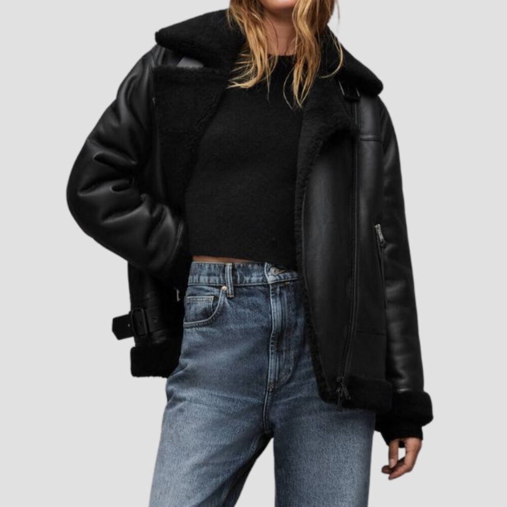 Stay warm and stylish with this genuine female shearling jacket. Designed for cold weather, it combines timeless style with premium warmth and comfort.