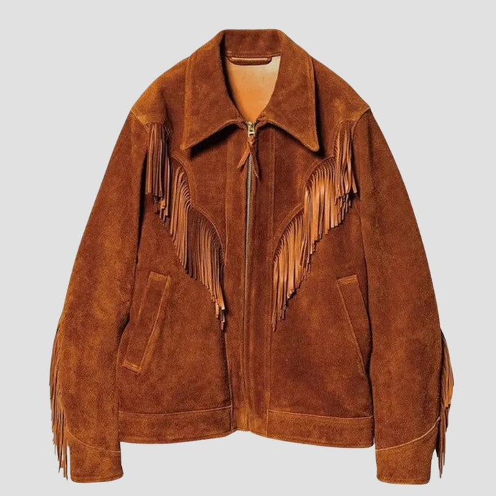 Show off your cowboy style with this stylish men’s suede fringe jacket, perfect for adding flair to your western wardrobe.