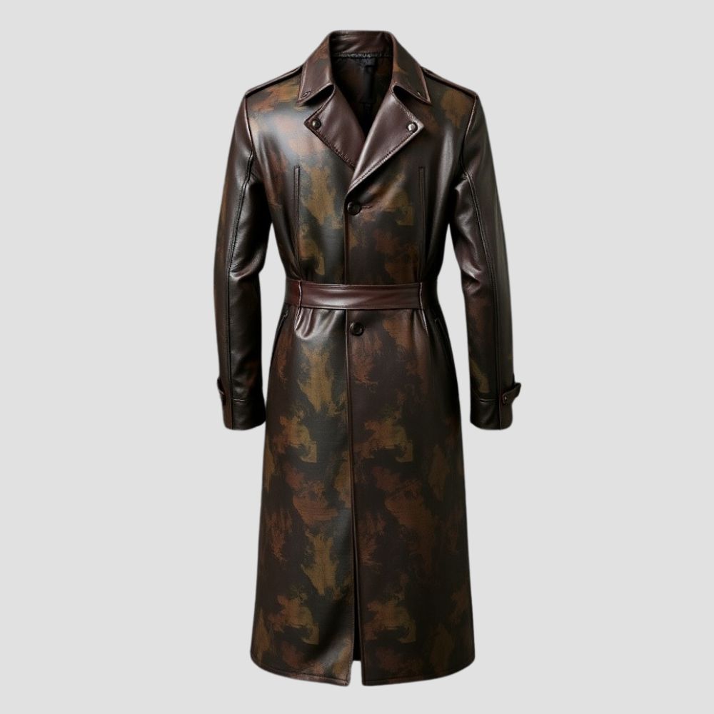 Designed for ultimate style and a personalized fit, this camouflage leather trench coat is a must-have.